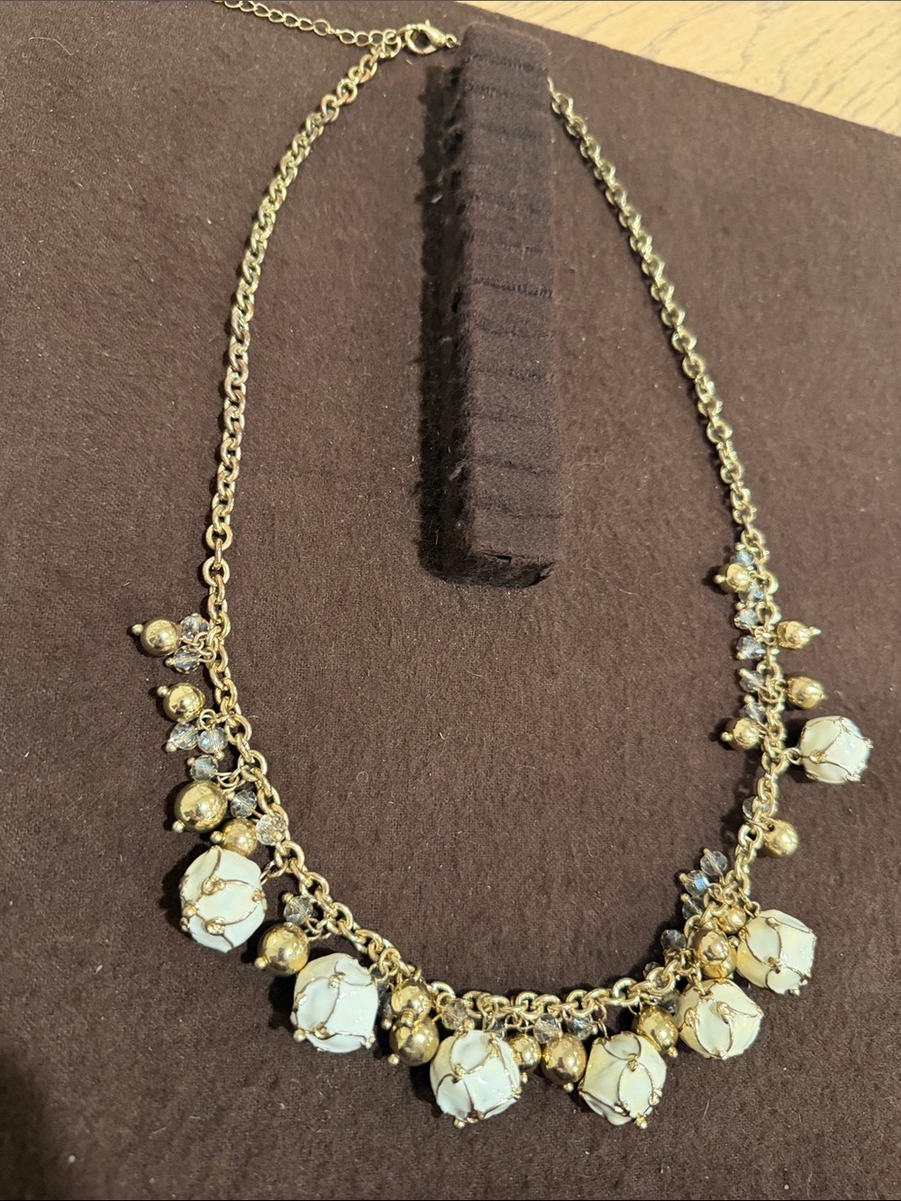 Gold Tone Necklace with Cream Gold and Clear Bead Charms 24-26.5 inches